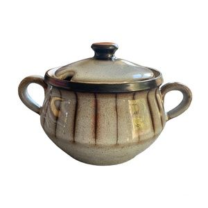 Denby Stoneware Brown Trim Lines Stripes Gray Sugar Bowl MCM